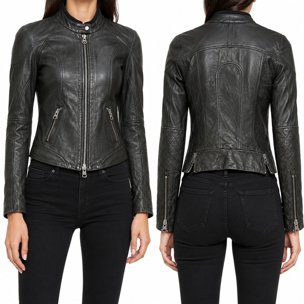 AllSaints Spitalfields Brazen Leather Jacket Black Moto Biker Y2K Womens 6 AW07